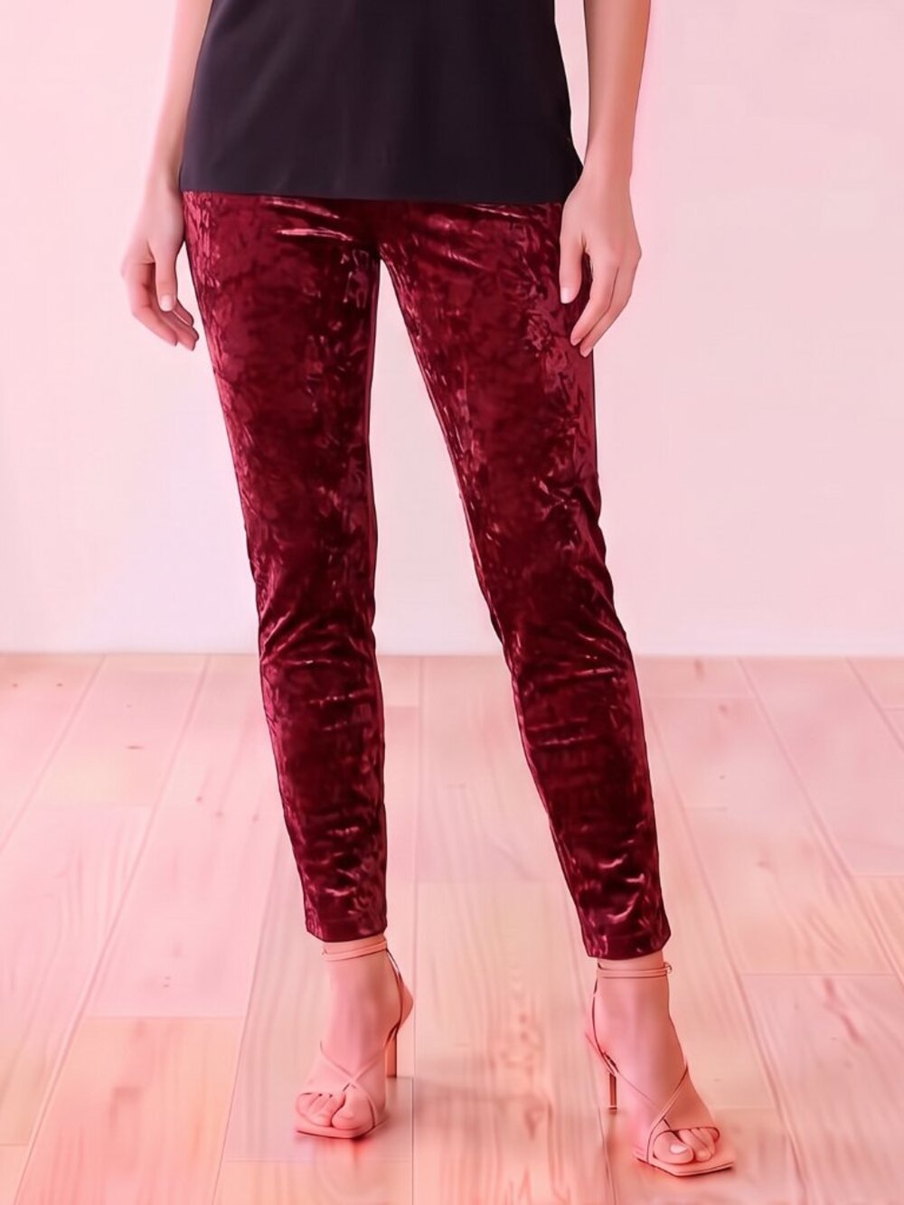 LOGO by Lori Goldstein Crushed Velvet Leggings, Medium, Wine/Burgundy/Pink